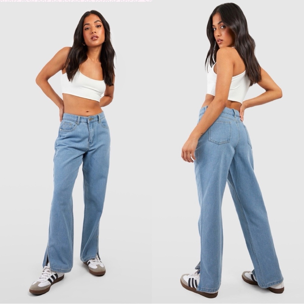 NEW Boohoo Light Blue High Waist Split Hem Denim Jeans Size 8 - Picture 1 of 12